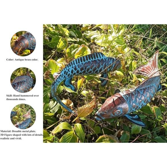 Set of 2 Koi Fish Sculpture for Outdoor, Statue Ornament, Metal Copper - Picture 5 of 7